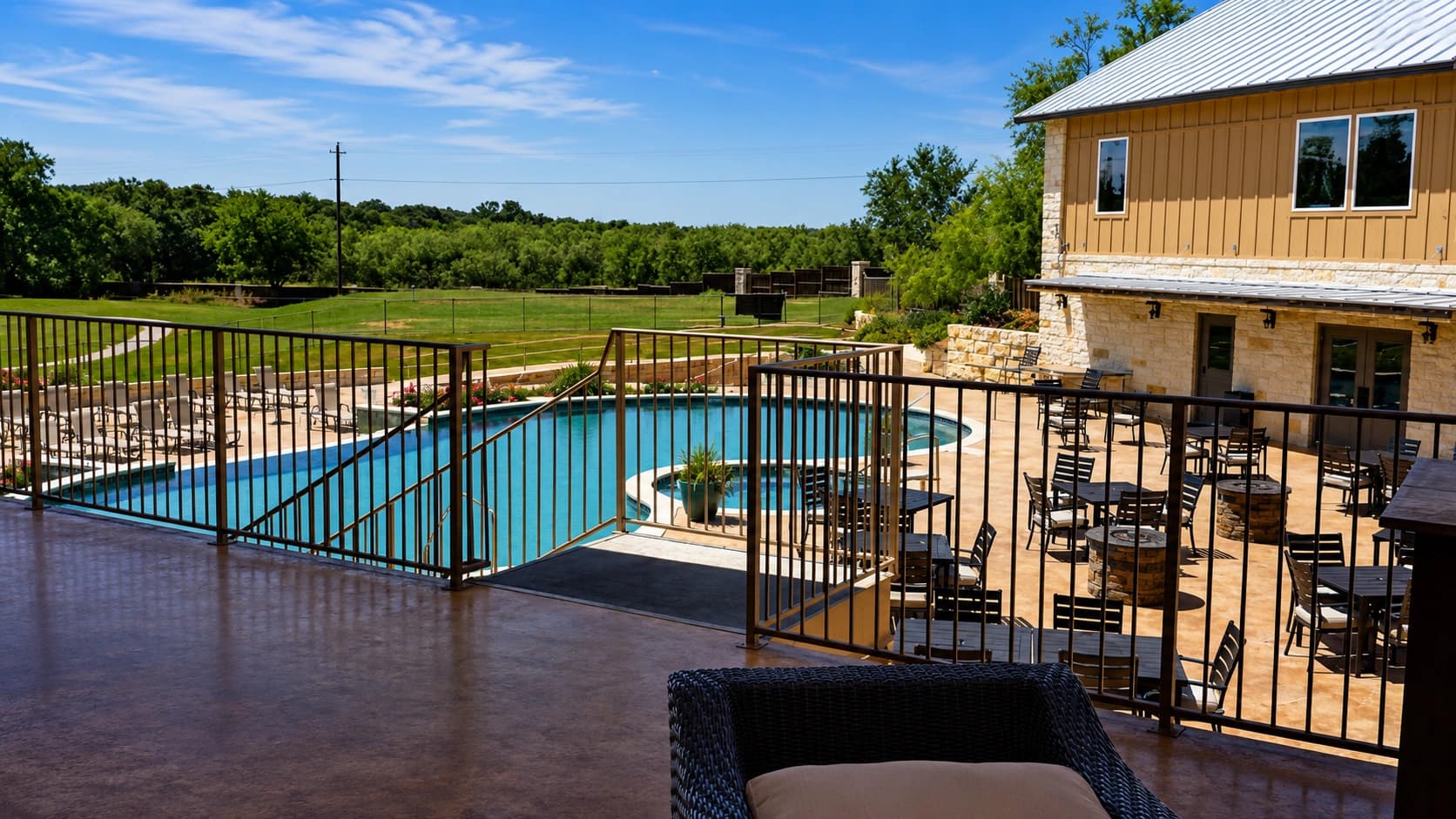 Resort pool and pavilion at golden hour