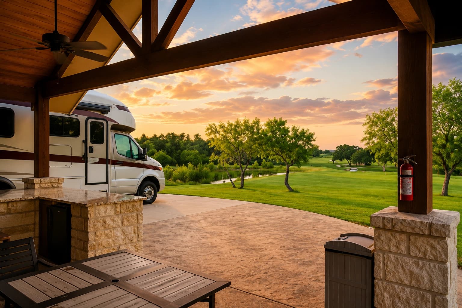 Luxury Casita RV site with direct views of the adjacent golf fairway at golden hour