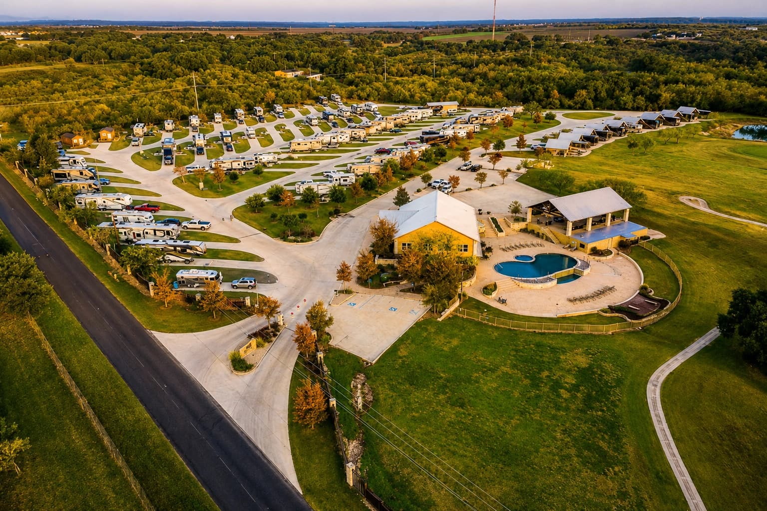 Aerial dusk view of Alsatian RV Resort